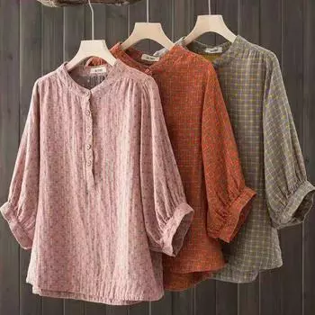 Летний топ, женская двухслойная хлопковая блузка, женский пуловер большого размера с цветочным принтом, тонкие художественные блузки с воротником-стойкой Oen Size