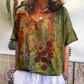 Летний топ, женская футболка с 3d цветочным принтом и коротким рукавом, с v-образным вырезом, модная повседневная рубашка с принтом, футболки больших размеров, женская винтажная одежда L