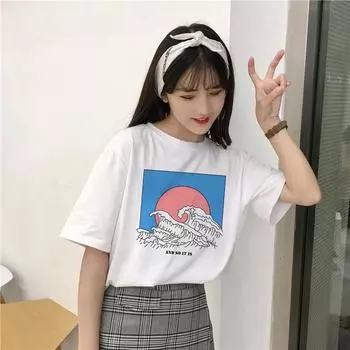 Летний топ, женская мода, Harajuku, большая волна, японский принт, забавная футболка с короткими рукавами, футболки