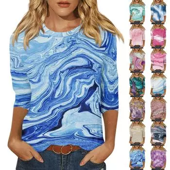 Летний топ, женская мода, повседневная футболка с круглым вырезом и рукавом 3/4, с принтом, новая футболка с узором XXS