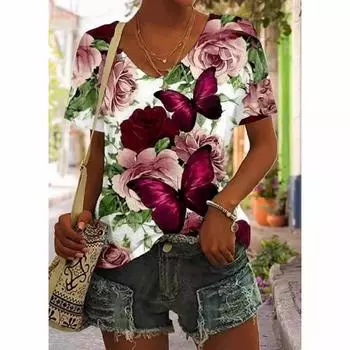 Летний тренд для отдыха, цветочные женские элегантные рубашки с V-образным вырезом и короткими рукавами для поездок на работу, футболки женские S