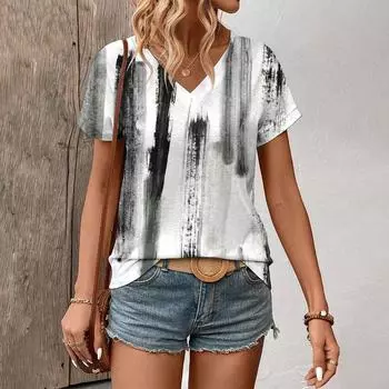 Летний тренд, индивидуальный женский топ с V-образным вырезом, элегантный принт в стиле граффити, повседневная и удобная женская футболка с короткими рукавами S
