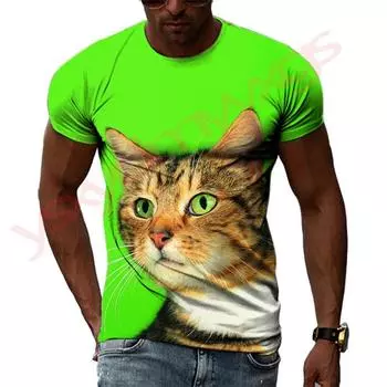 Летний тренд. Милый рисунок кота. Мужские футболки. Повседневные футболки с 3D-принтом в стиле хип-хоп в стиле Харадзюку с круглым вырезом. Свободный топ с коротким рукавом. S