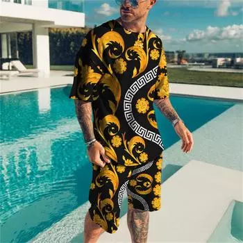 Летний тренд, мужские повседневные пляжные шорты, костюм с короткими рукавами, 3d принт, градиент цвета, ретро, О-образный воротник, комплект из 2 предметов, модный повседневный комплект S