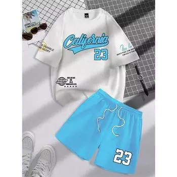 Летний трендовый мужской комплект из двух предметов: футболка с круглым вырезом и коротким рукавом с буквенно-цифровым принтом и шорты XS