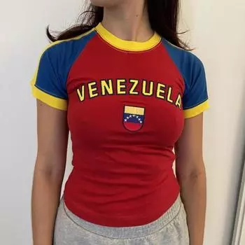 Летний трикотаж Кубка Европы, сексуальный американский топ Y2K, спортивная женская универсальная футболка, облегающий крой в стиле ретро, утягивающие короткие рукава S