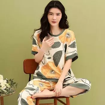 Летний трикотажный хлопковый пижамный комплект с цветочным принтом Женская пижама Элегантная пижама Ночная рубашка Брюки длиной до икры Главная XXXL