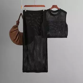 Летний трикотажный тонкий ажурный жилет без рукавов с разрезом и юбкой до талии, комплект из двух предметов one size серый