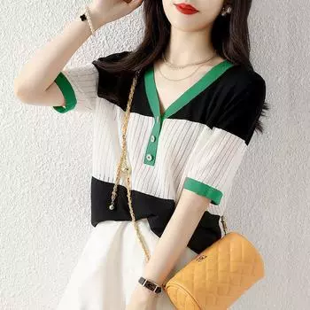 Летний трикотажный топ с V-образным вырезом в полоску в стиле пэчворк для женщин с коротким рукавом, свободная повседневная универсальная футболка, женские пуловеры на пуговицах, женская футболка L