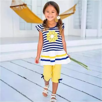 Летний удобный костюм для отдыха для девочек, тонкий топ с короткими рукавами для детей среднего и маленького возраста + комплект из двух предметов, однотонный дизайн, семь брюк 140