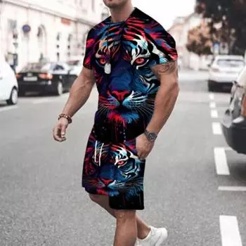 Летний уличный модный мужской костюм, повседневная повседневная футболка с короткими рукавами, спортивные на открытом воздухе, свободные удобные шорты с 3D животным принтом L