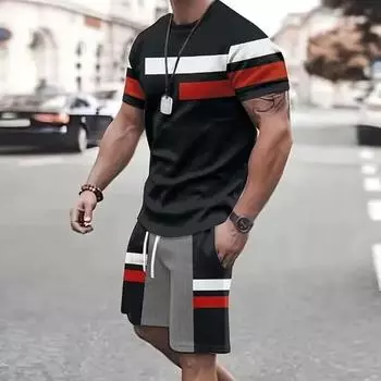 Летний уличный мужской костюм с короткими рукавами, повседневный, повседневный, модный, с короткими рукавами, для активного отдыха, спортивные шорты, новаторский полосатый принт S