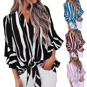 Летний уличный шифоновый пуловер с v-образным вырезом, женская рубашка свободного типа XL красный