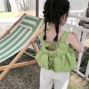 Летний универсальный жилет на подтяжках для девочек с открытой спиной и бантом, цветочный бутон, топ 120