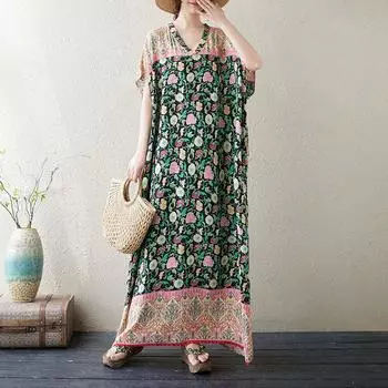 Летний V-образный вырез, цветной, утягивающий, художественный, ретро, отпуск, удлиненный халат, повседневные платья M