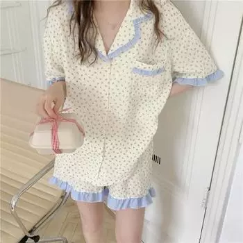 Летний вариант студенческой пижамы, комплект домашней одежды, женские кружевные милые маленькие цветы, шорты с короткими рукавами, пижама для дома M красный