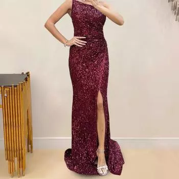 Летний вечер, блестящая бандо с пайетками, с открытыми плечами, тонкая, с открытой спиной, без рукавов, плиссированная, с высоким разрезом, длиной до пола, для женщин S шампанского