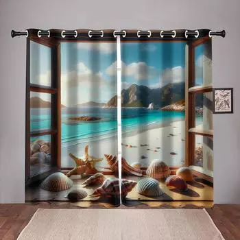 Летний вид Пляж Океан Ракушка Натуральный Senery Дерево Шторы для спальни Оконные шторы Гостиная Домашнее украшение Кухня Офис W50 X H130(CM)X2&Hook