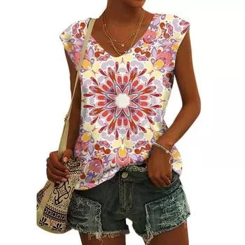 Летний винтажный цветочный тотем 3D принт майки женские уличные свободные V-образный вырез жилет без рукавов с открытыми плечами женская майка S