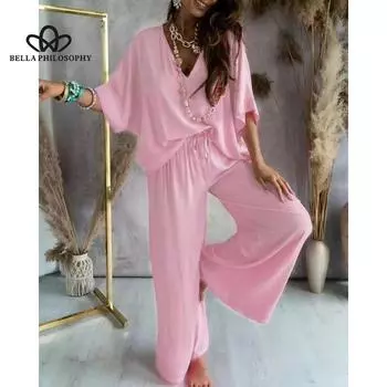 Летний вискозный топ с v-образным вырезом и рукавами «летучая мышь», повседневный брючный костюм на шнуровке, повседневный костюм для отпуска, вечерние, повседневное платье S белый