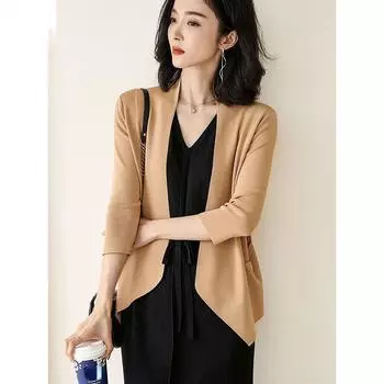 Летний вязаный солнцезащитный топ для женщин с рукавом семь четвертей S чёрный