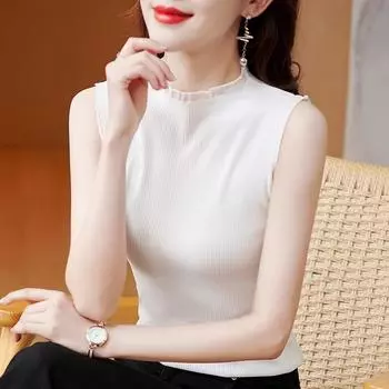 Летний вязаный свитер без рукавов с полуводолазкой, однотонный пуловер, внутренний и внешний топ, повседневный базовый жилет, женская облегающая однотонная одежда 2788 One Size чёрный