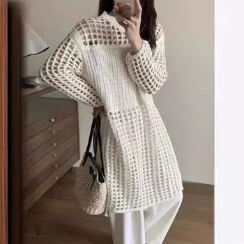 летний вязаный свитер цвета риса и абрикоса, французское полое трикотажное платье, средняя и длинная многослойная блузка, юбка для отпуска One size