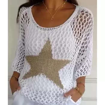 Летний вязаный свитер с круглым вырезом и пятью звездами для женщин, элегантный топ с рукавами семь минут для поездок на работу, рубашка с кондиционером L бежевый