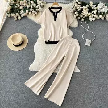 Летний вязаный женский брючный костюм из двух предметов с коротким рукавом, свободный пуловер, топ, вязаные комплекты с широкими брюками, женский повседневный спортивный костюм One Size бежевый