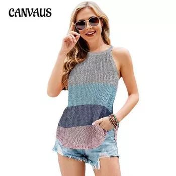 Летний вязаный жилет, нижняя рубашка, женский вязаный топ без рукавов с круглым вырезом, женский сексуальный жилет S