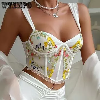 Летний вышитый кружевной деревянный край уха сексуальный корсет с v-образным вырезом и широкими бретелями S белый