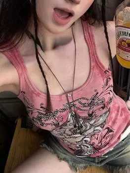 Летний Y2k эстетический укороченный топ с буквенным принтом и бриллиантами Harajuku, облегающий розовый топ, винтажные топы, женская уличная одежда S розовый