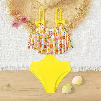 Летний желтый детский цельный купальник с принтом для девочек-подростков, купальники для детей от 5 до 14 лет, пляжная одежда, прекрасный купальный костюм