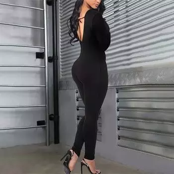 Летний женский эластичный повседневный облегающий комбинезон с U-образным вырезом и завязками S чёрный