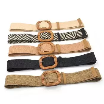 Летний женский эластичный тканый ремень с квадратной пряжкой, винтажный соломенный пояс в стиле бохо, ремень для платья хаки