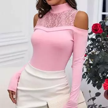 Летний женский элегантный кружевной эластичный топ без бретелек с длинным рукавом и воротником-стойкой S розовый