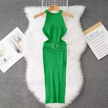 Летний женский элегантный вязаный свитер без рукавов для офиса, облегающий облегающий свитер с карманом One Size розовый