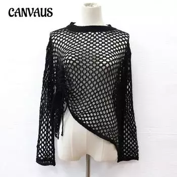 Летний женский ажурный вязаный свитер с капюшоном и шнурком, прозрачное прикрытие One Size чёрный