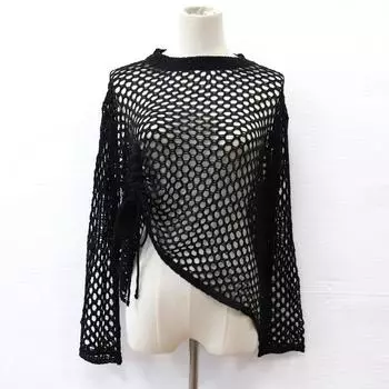 Летний женский ажурный вязаный свитер с капюшоном и шнурком, прозрачное прикрытие One Size чёрный