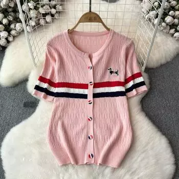 Летний женский брендовый дизайнерский полосатый вязаный свитер с собакой, тонкий пуловер, топы One Size чёрный