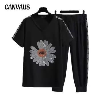 Летний женский брючный костюм больших размеров, футболка с короткими рукавами, брюки Harun на семь десятых, свободный костюм большого размера с короткими рукавами XL