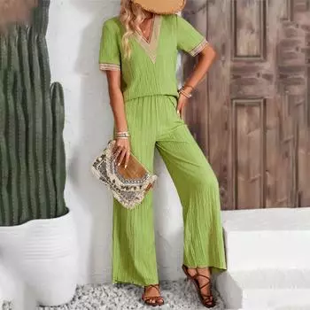 Летний женский цельный кружевной топ с v-образным вырезом и короткими рукавами, женские однотонные широкие брюки, повседневный брючный костюм с прямыми штанинами L светло-зеленый