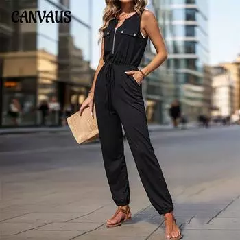 Летний женский длинный комбинезон без рукавов с высокой талией S чёрный