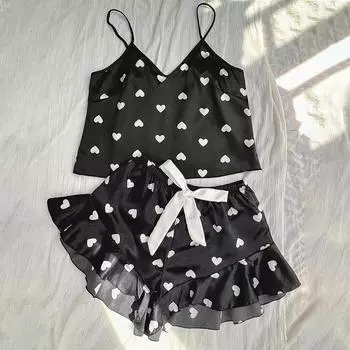 Летний женский дышащий пижамный комплект с принтом, топ с круглым вырезом, шорты с рюшами, легкий пижамный комплект, повседневный стильный тонкий мягкий удобный пижамный комплект S