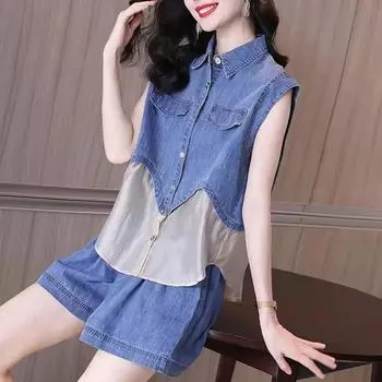 Летний женский джинсовый костюм Свободный повседневный безрукавный джинсовый костюм с рубашкой и шортами Костюм из двух частей XXL синий
