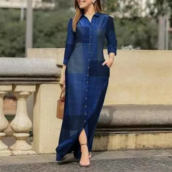 Летний женский халат с длинными рукавами и отворотом, клетчатая рубашка с принтом на пуговицах, длинное платье S жёлтый