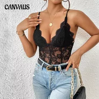 Летний женский комбинезон без рукавов, кружевной сексуальный обтягивающий черный боди на бретельках S чёрный