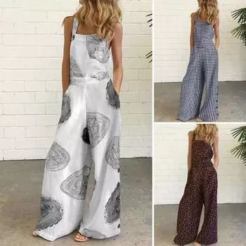 Летний женский комбинезон без рукавов с квадратным вырезом и открытой спиной, широкие брюки, свободный глубокий промежность, боковые карманы с принтом, повседневный длинный комбинезон для отдыха, пляжный длинный комбинезон XL синий