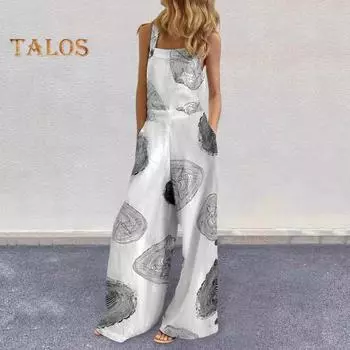 Летний женский комбинезон без рукавов с квадратным вырезом и открытой спиной, широкие брюки, свободный глубокий промежность, боковые карманы с принтом, повседневный длинный комбинезон для отдыха, пляжный длинный комбинезон XL синий