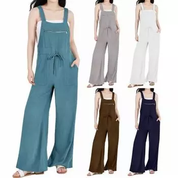 Летний женский комбинезон без рукавов, с открытой спиной, без воротника, с карманом на молнии, с широкими штанинами, одноцветный, OL, комбинезон Suapender для путешествий и отпуска